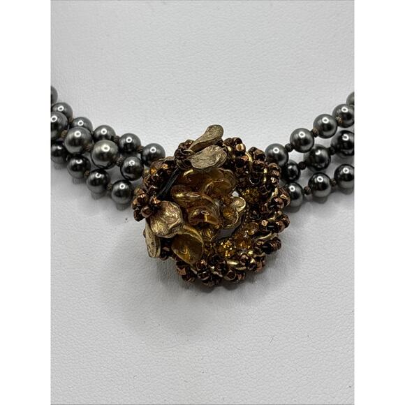 Vintage Eugene Triple Strand Faux Bk Pearl Necklace w/ Rhinestone Flower Pendant - Picture 4 of 10